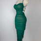 LUX MESH DRAWSTRING LACE UP BACK RUCHED MAXI DRESS 