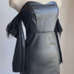 Off-shoulder feather trim PU leather bodycon dress